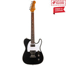 Black electric guitar with a white pickguard on a white background, featuring free shipping text.