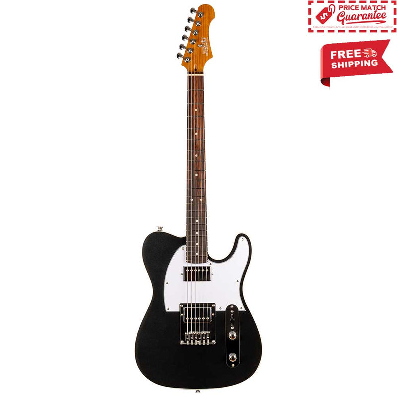 Black electric guitar with a white pickguard on a white background, featuring free shipping text.