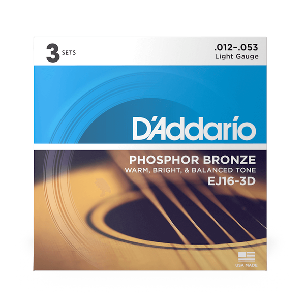 D'Addario Guitar Strings - Phosphor Bronze Acoustic Guitar Strings -  EJ16-3D - Rich, Full Tonal Spectrum - For 6 String Guitars - 12-53 Light,  3-Pack